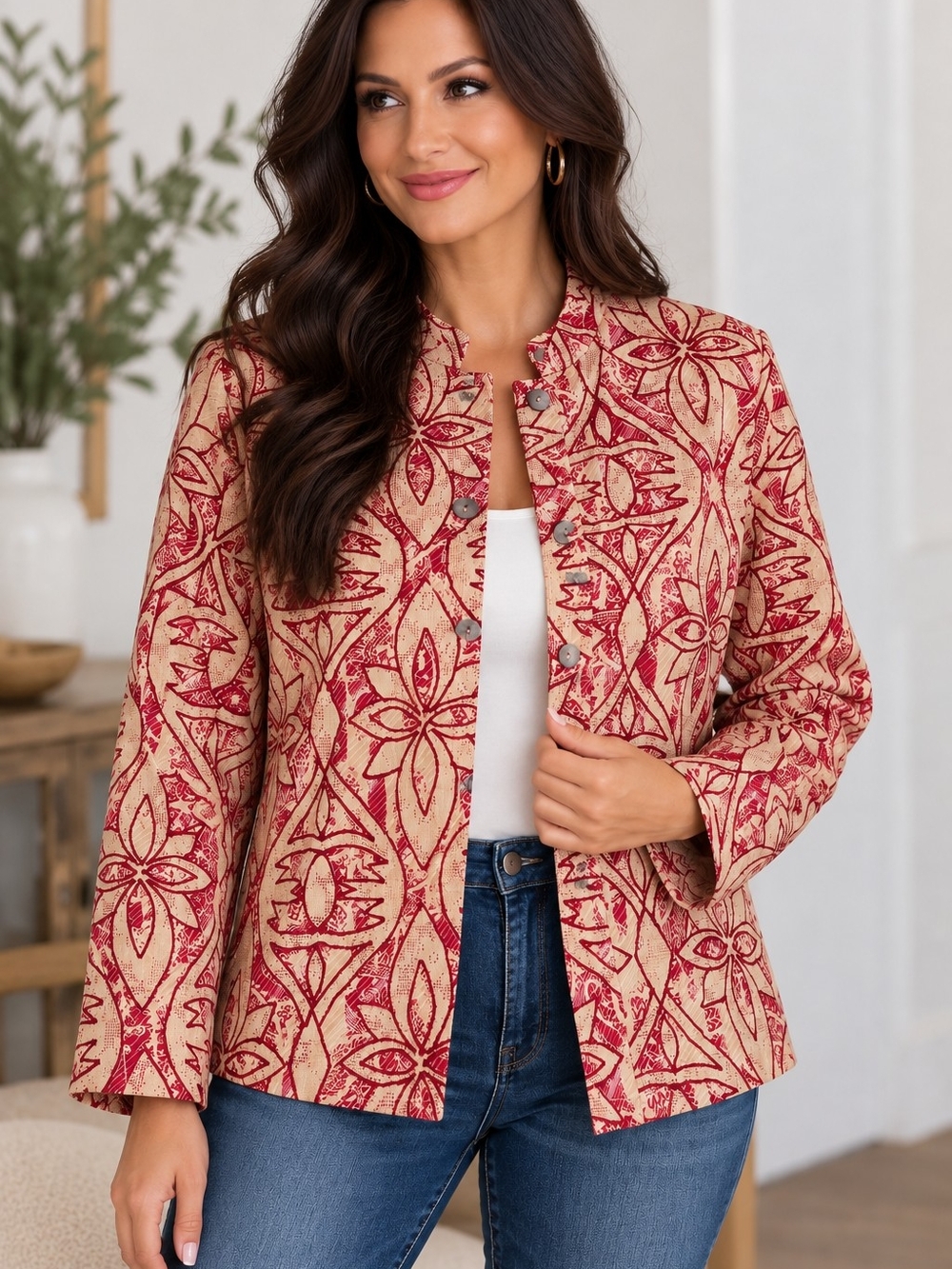 Notations Women’s L Cotton Floral Tapestry Jacket Red Beige Lined Boho Artsy